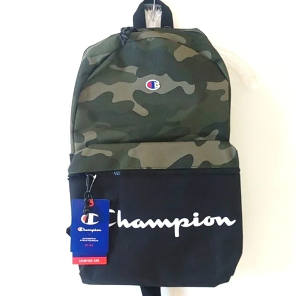 CHAMPION BLACK ARMY GREEN CAMOUFLAGE BACKPACK MEDIA TOTE BOOKBAG SIZE OS NWT